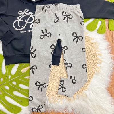 Conj. Blusa de Moletom com Capuz Paris e Calça Legging Laços - Preto e Mescla